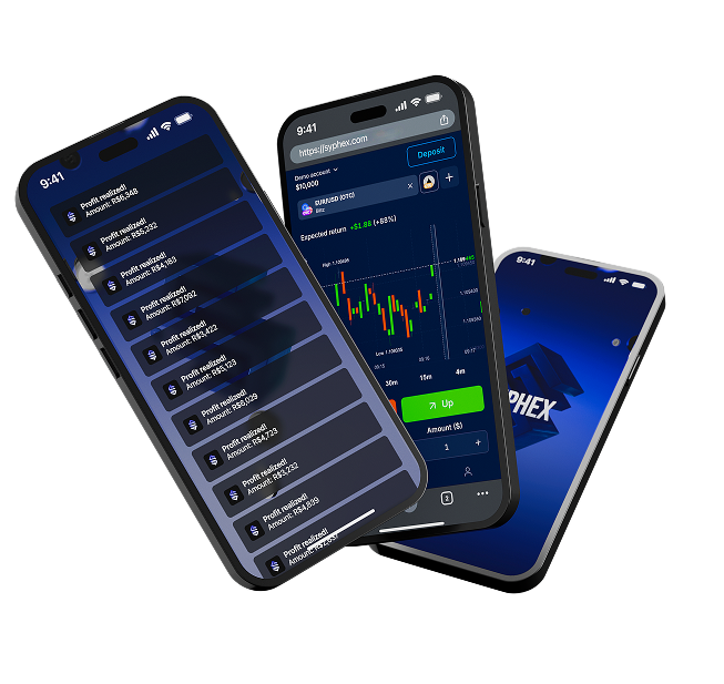 Syphex platform open on three phones showing chart, orders and profits